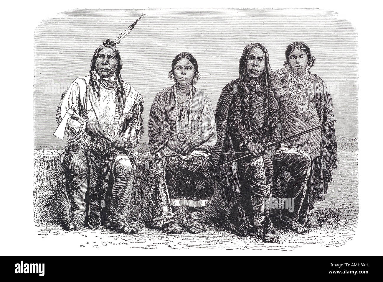 Gruppo di famiglia degli Indiani di America del nord nativo del costume tradizionale etnica abito vestito stile pelliccia di pelle pelle donna bambino Foto Stock