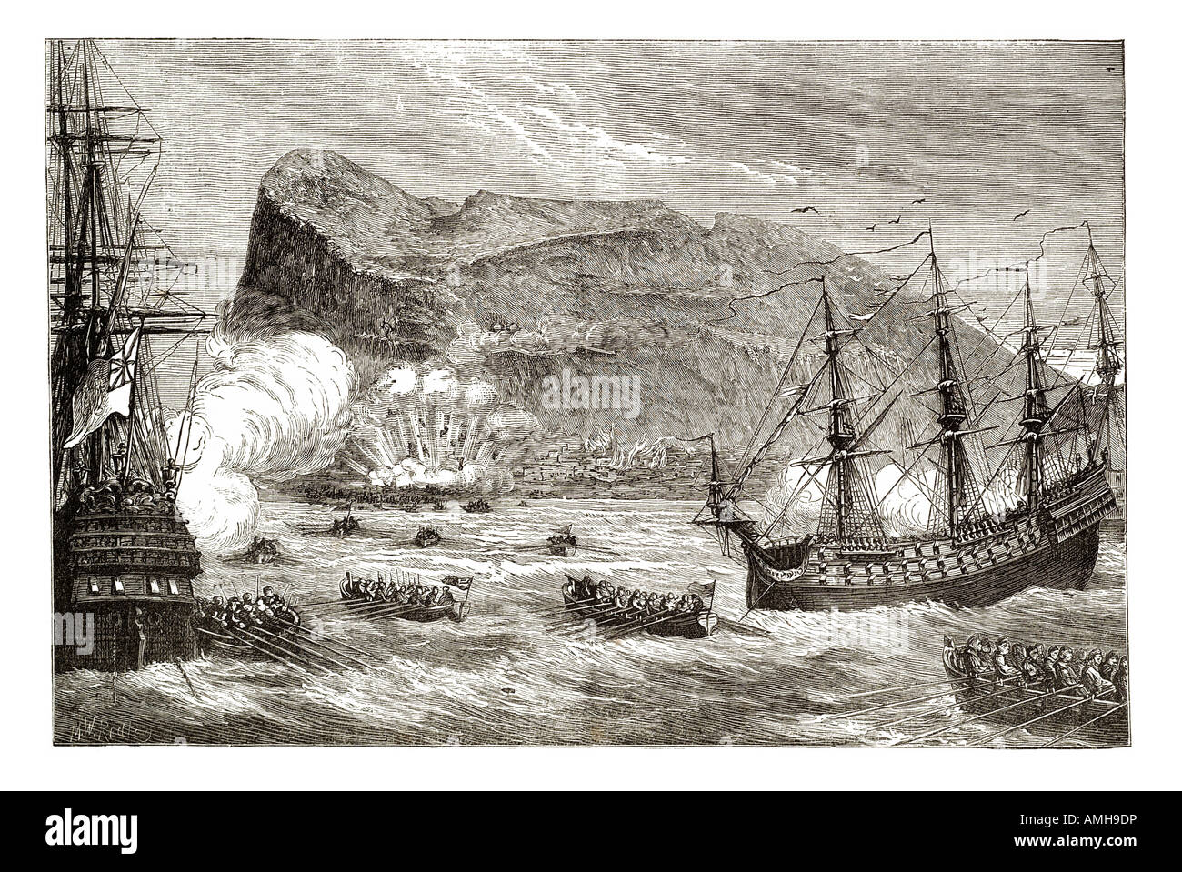 La guerra di successione spagnola britannica di Gibilterra marina olandese Arciduca Carlo pretendente austriaco corona flotta confederato attacco bomba 1704 Foto Stock