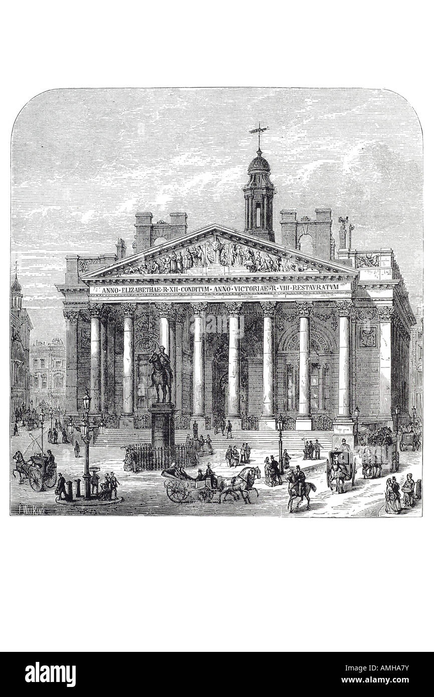 1844 terzo 3 royal exchange esterno filettatura anteriore ago street carrozza del traffico della città di Londra Inghilterra capitale inglese Brita Foto Stock