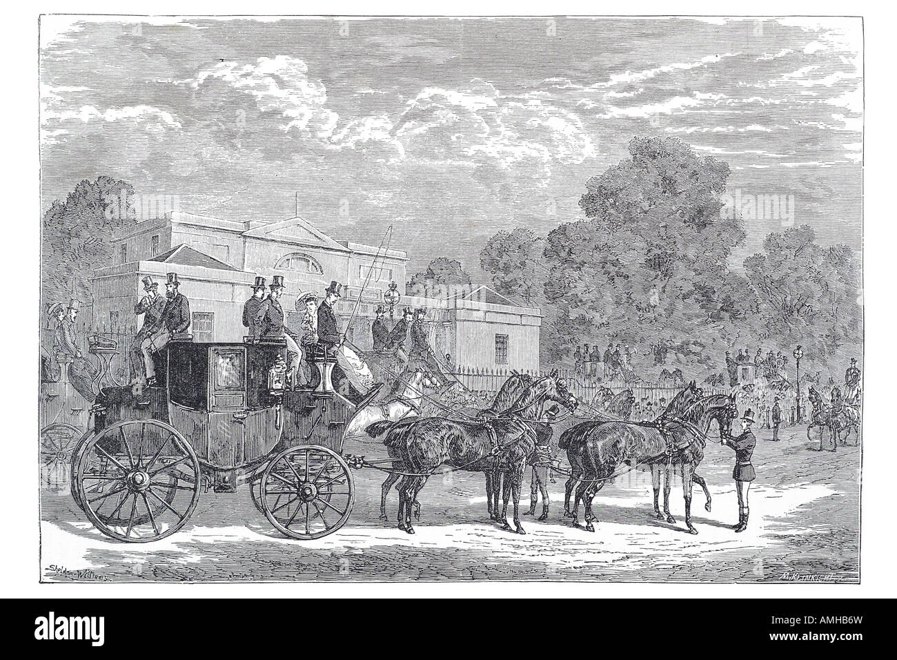 1870 riunisce quattro in mano club carrozza pullman groom livrea ride drive team Foto Stock