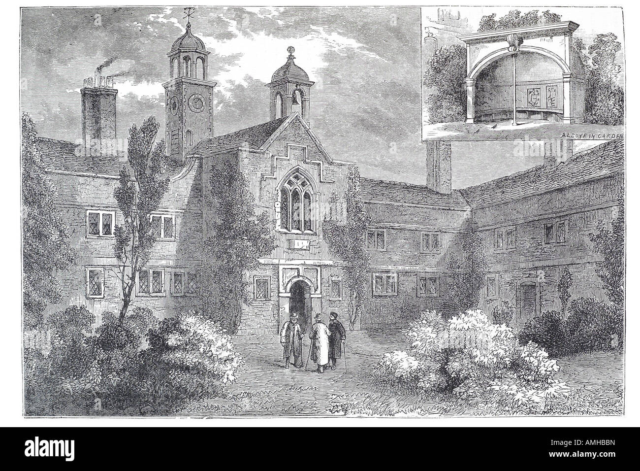 1850 pescivendolo almshouse carità rifugio santuario sollievo home casa commercio cortile giardino Londra capitale più grande Inghilterra Engli Foto Stock