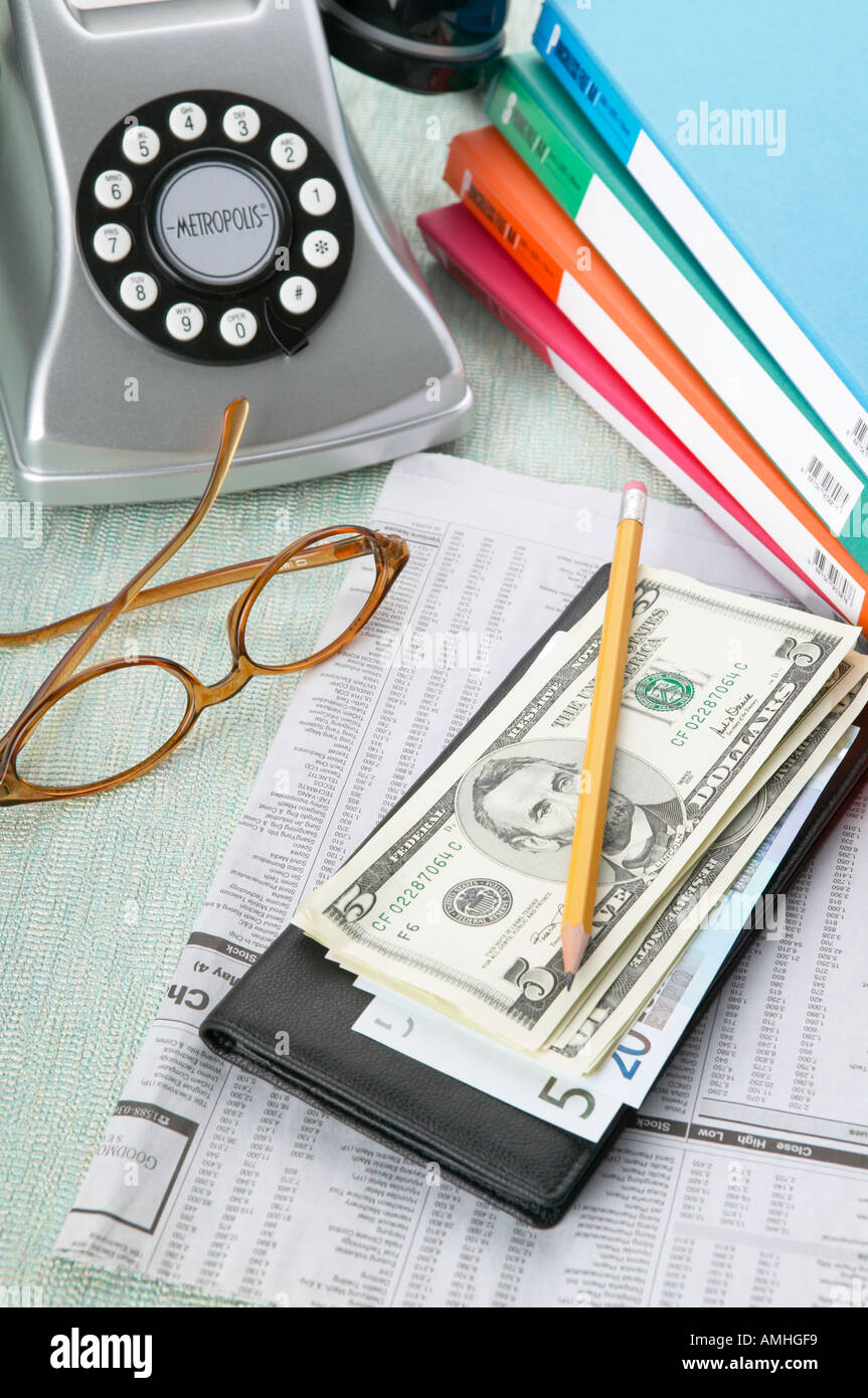Azienda,phonefile,soldi,carta moneta,CAMBIO,glas Foto Stock