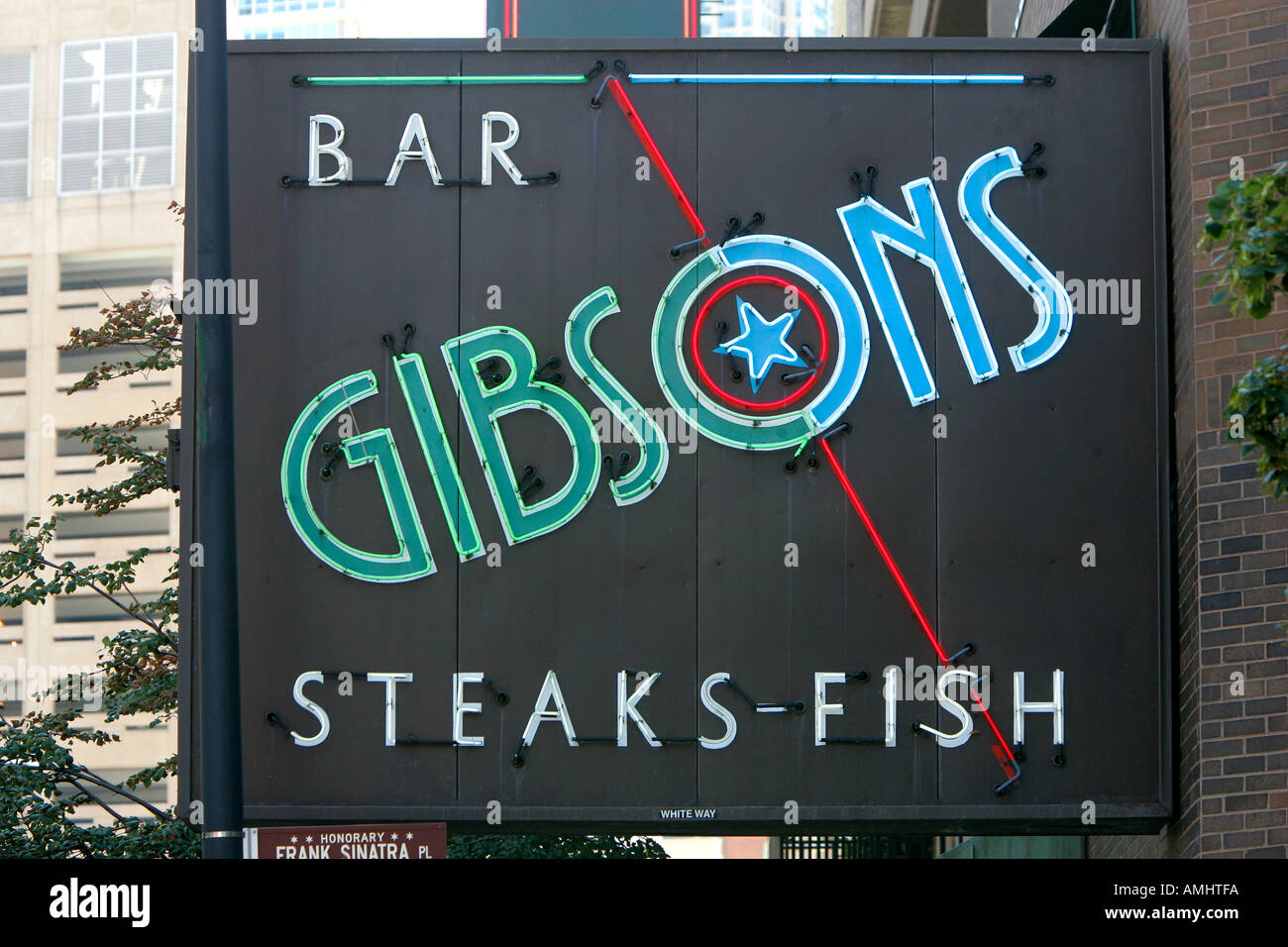Gibsons Ristorante e bar insegna al neon Gold Coast di Chicago, Illinois, Stati Uniti d'America Foto Stock