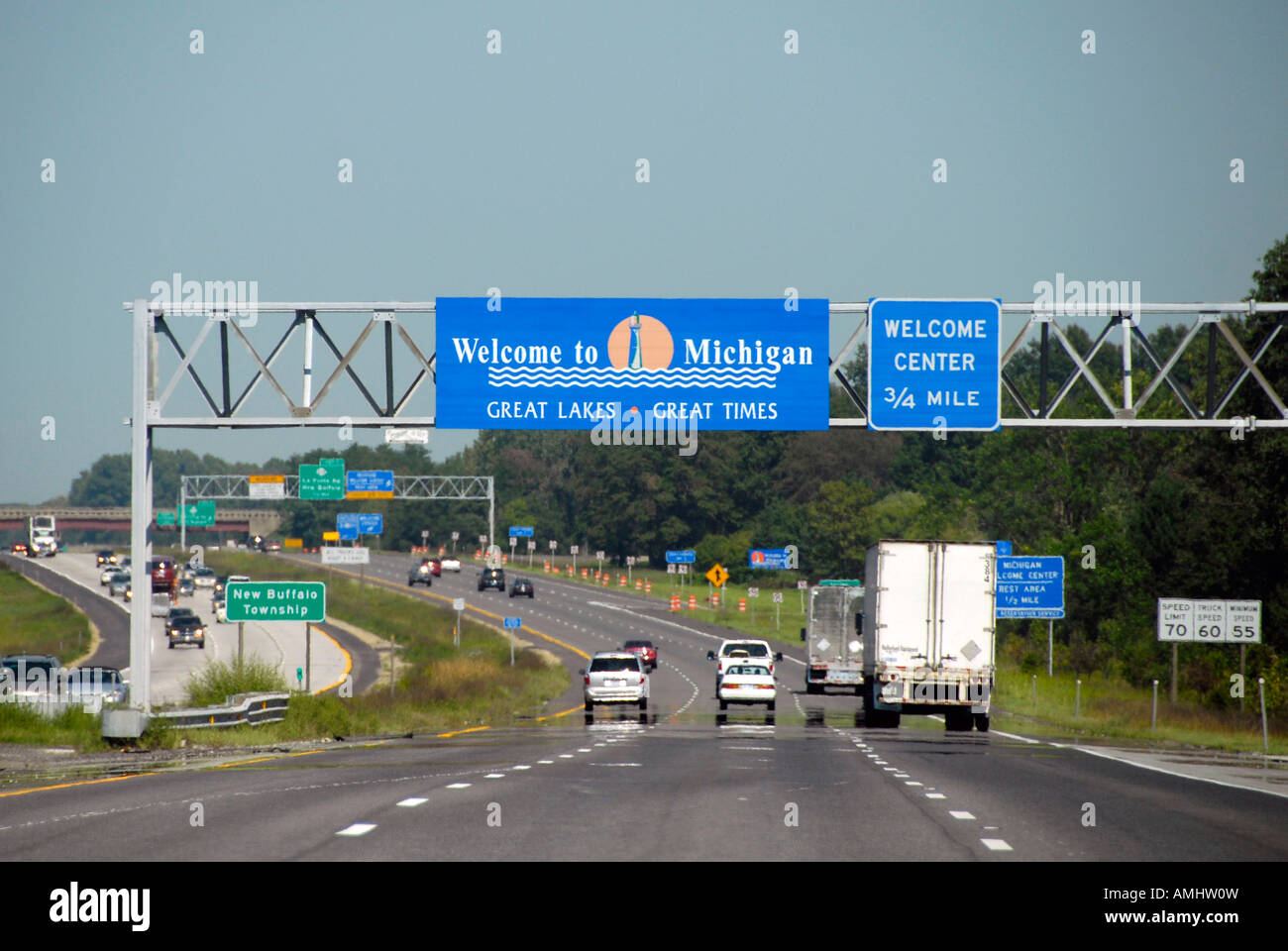 Benvenuti in Michigan segno sulla Interstate 94 freeway lasciando Indiana Foto Stock