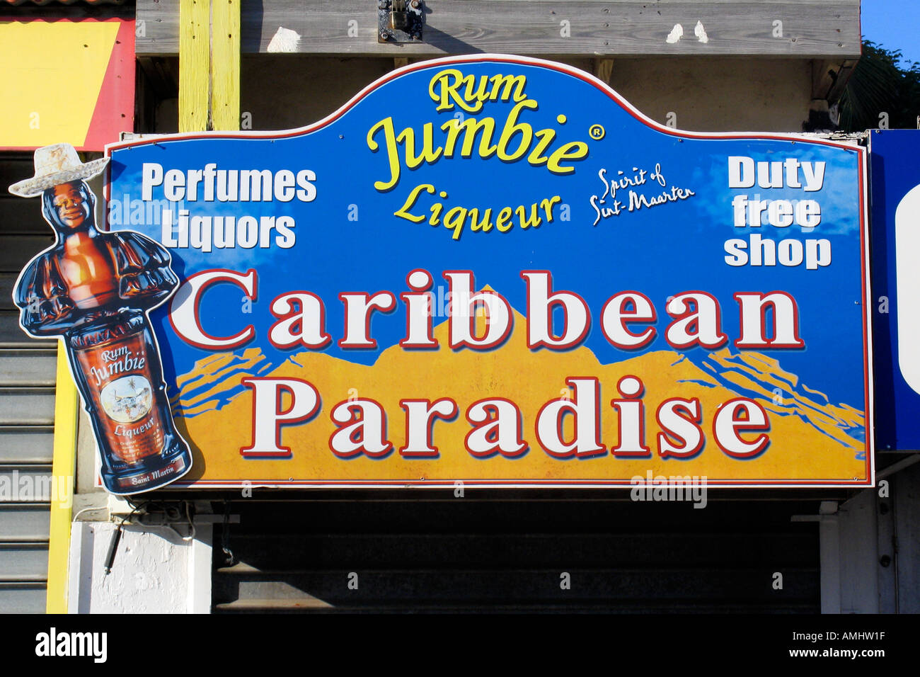 Duty free di profumo di liquore liquore segno Caribbean Paradise shopping Philipsburg St Maarten Foto Stock