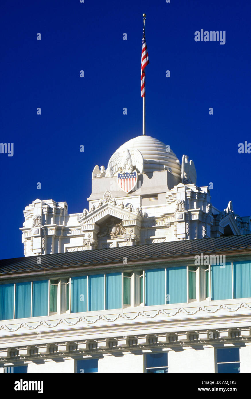 Vista della parte superiore del Temple Square con bandiera americana di Salt Lake City UT Foto Stock
