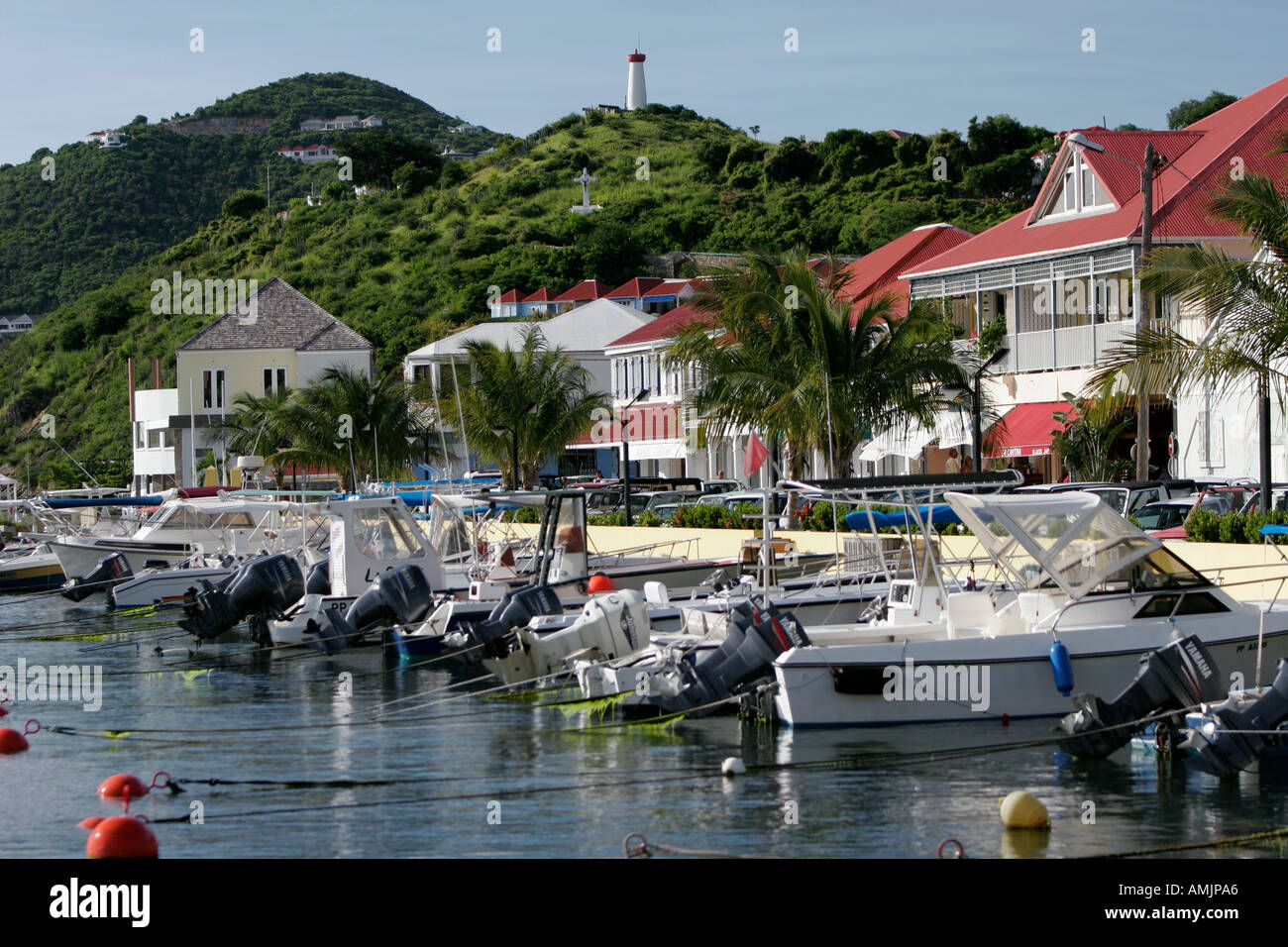 Utilitaria power boats legato Gustavia Porto San Barts Foto Stock