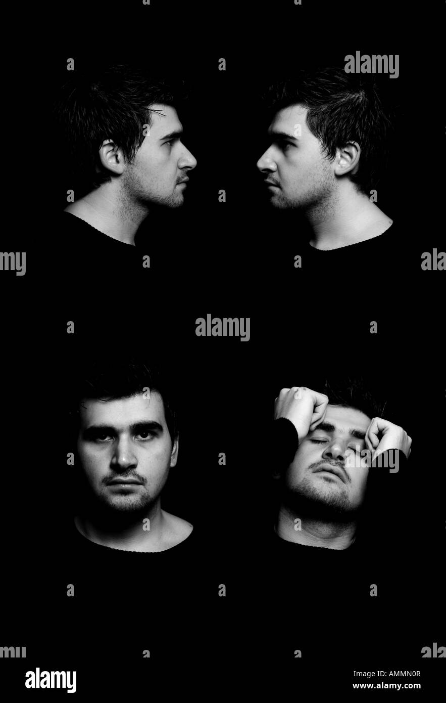 Collage di uomo in diverse espressioni del viso Foto Stock