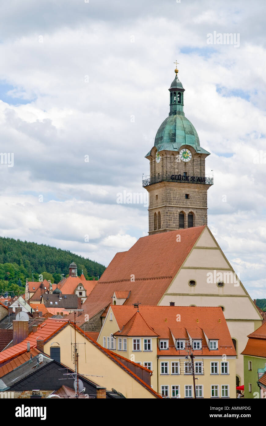 Il campanile della chiesa, Auerbach in der Oberpfalz, Baviera, Germania Foto Stock