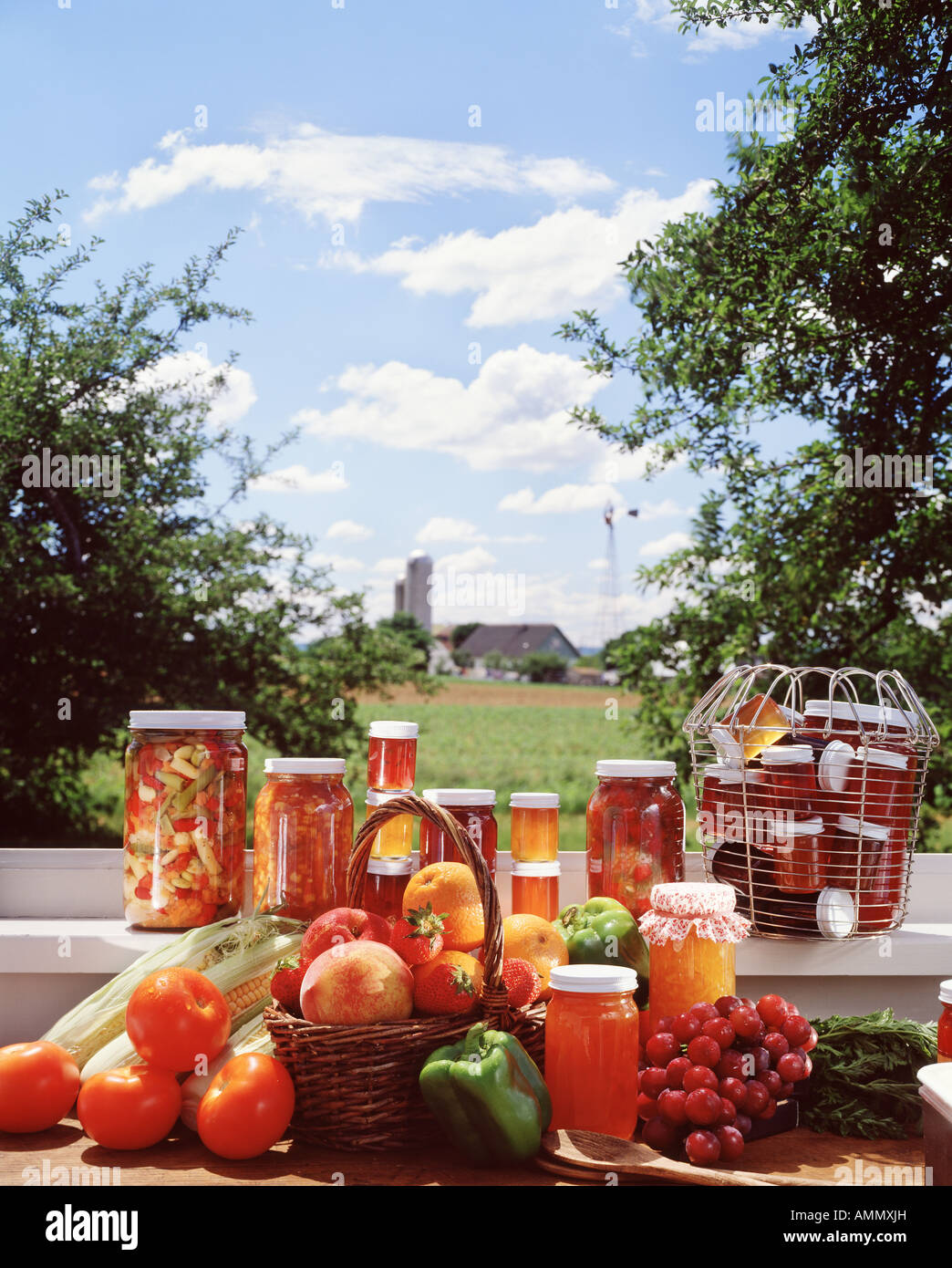 Fattoria fresco raccolto autunnale bounty frutta verdura conserve jar alimenti marinati Foto Stock