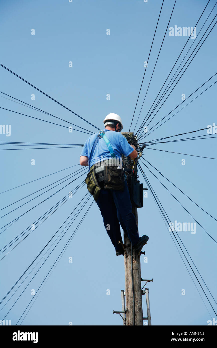 Per guardafili di BT sul palo del telegrafo Connessione di linee telefoniche indossare l'imbracatura di sicurezza completa ed equipaggiamento protettivo personale Foto Stock