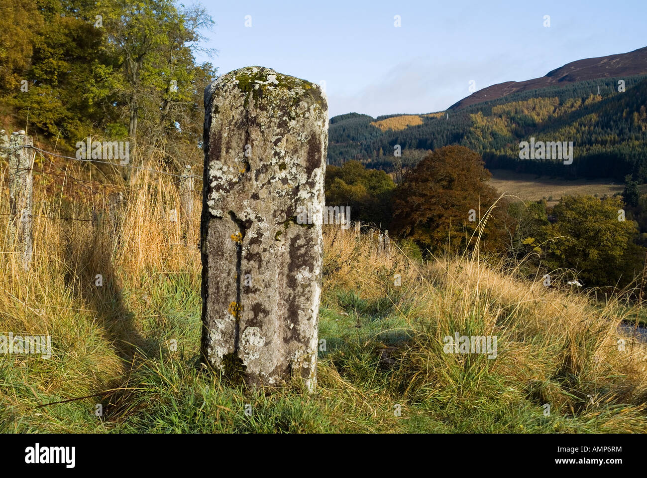 dh preti monolito di pietra LOCH FASKALLY PERTHSHIRE SCOZIA Pitti Celtico croce in piedi highlands scozzesi pict carving lastra Foto Stock