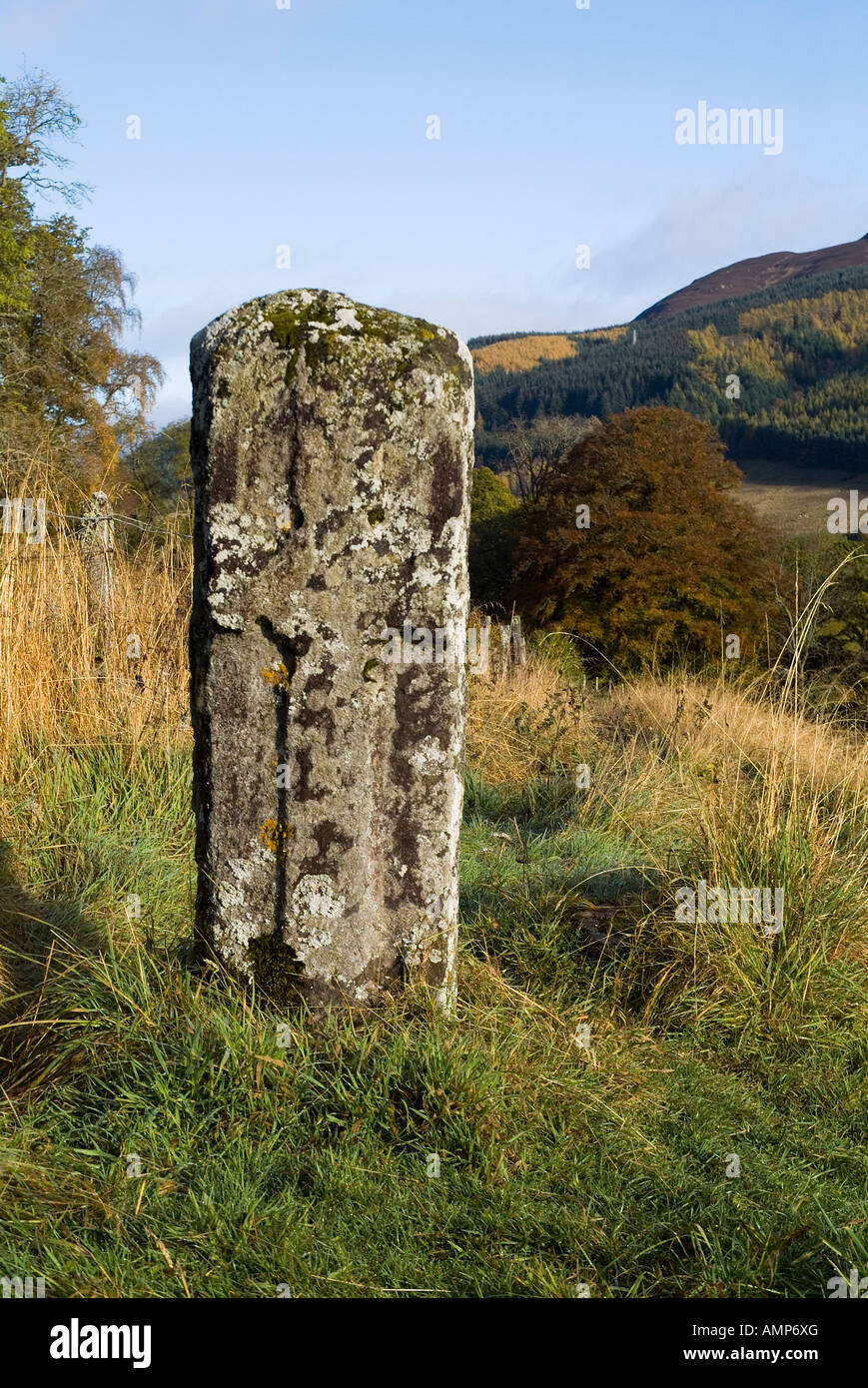 dh preti monolito di pietra LOCH FASKALLY PERTHSHIRE SCOZIA croce celtica slab picts highlands keltic pietre in piedi pitti Foto Stock