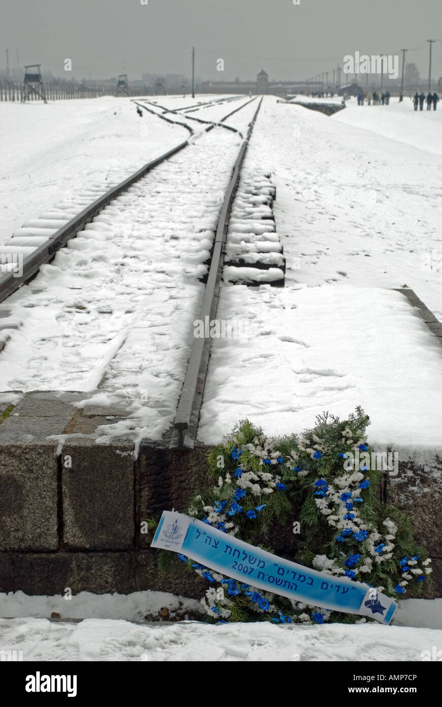 Una corona di cui al tracciato della linea ferroviaria ad Auschwitz Birkenau campo di concentramento, Polonia. Foto Stock