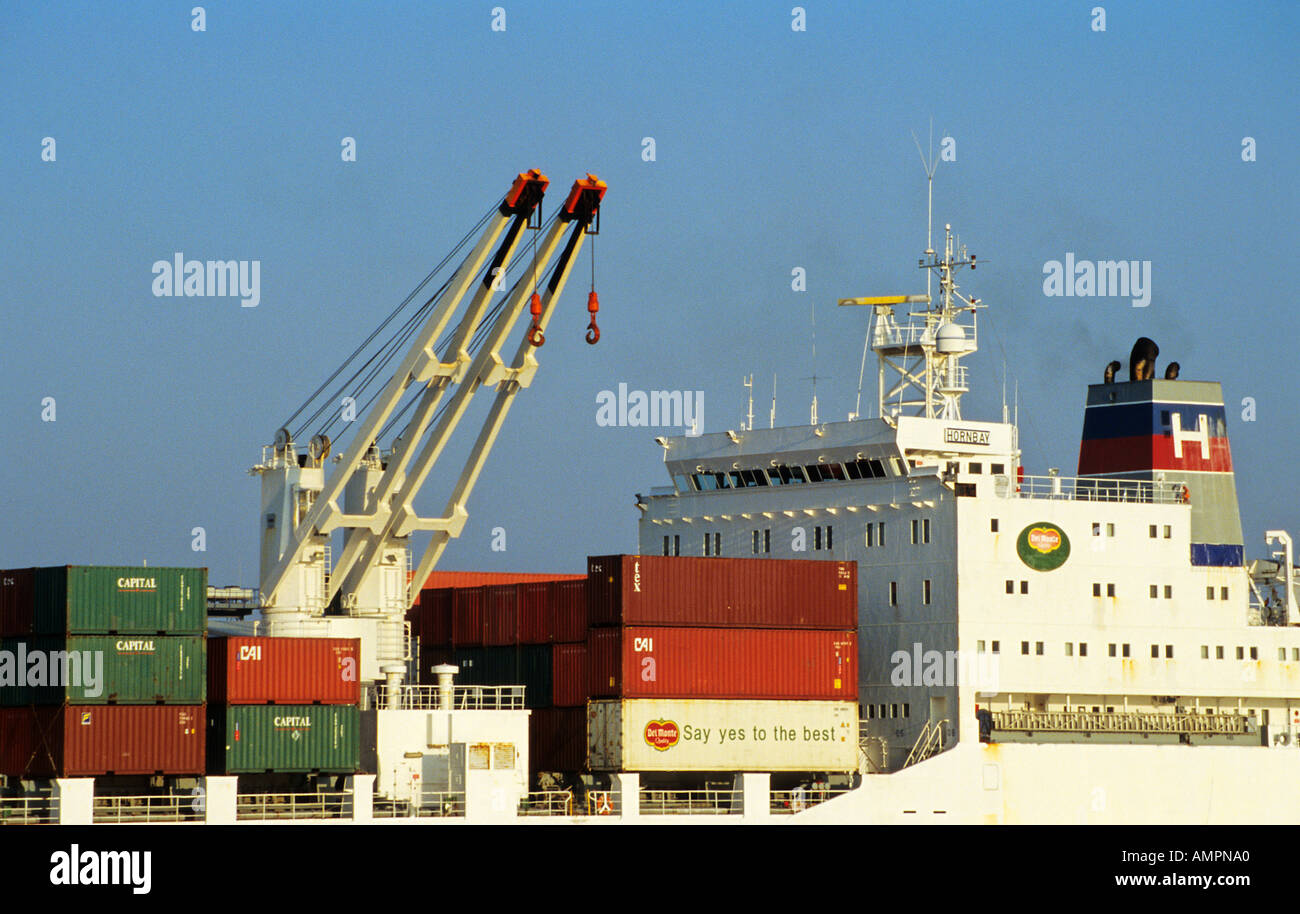 Contenitore nave beeing caricati al porto di Amburgo Germania Foto Stock