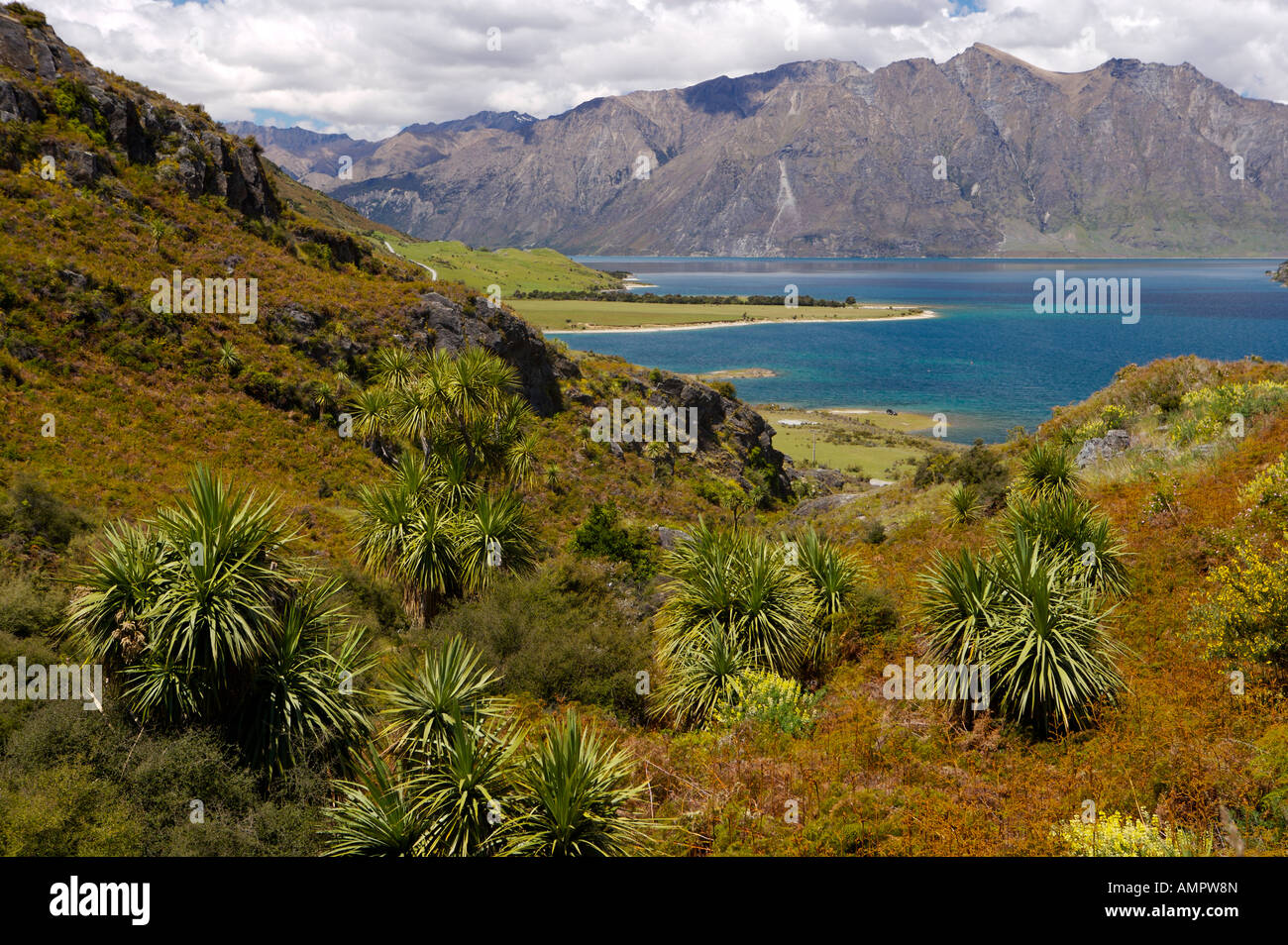 Lago Hawea backdropped da Mt Melina (1905m), Central Otago, South Island, in Nuova Zelanda. Foto Stock