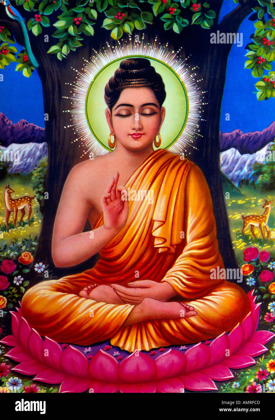 Il Buddha sotto il Bodhi Tree seduto su un fiore di loto pittura indiana Foto Stock