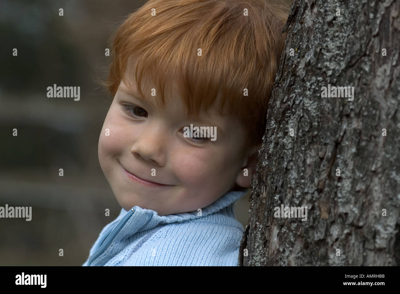 Signor kleiner Junge vier Jahre lehnt un einem Baum signor little boy 4 quattro anni si appoggia a un albero Foto Stock