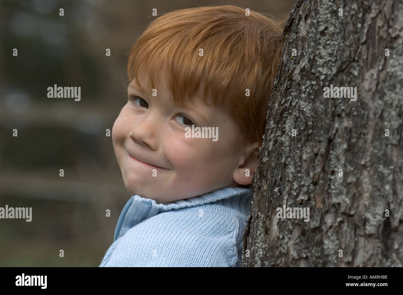 Signor kleiner Junge vier Jahre lehnt un einem Baum signor little boy 4 quattro anni si appoggia a un albero Foto Stock