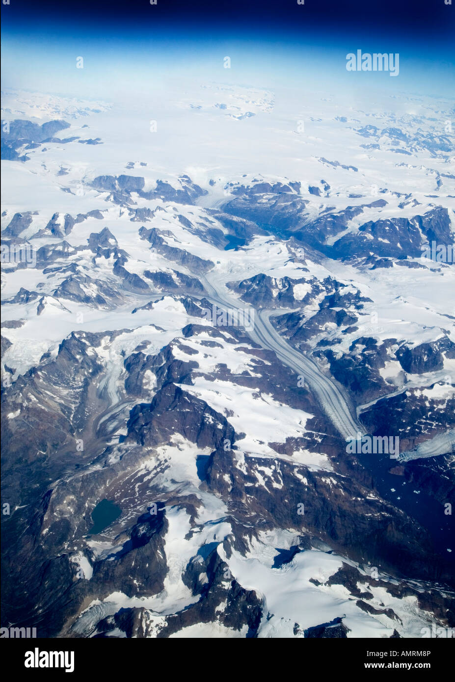 Ariel fotografia della Groenlandia meridionale che mostra la ritirata foglio ciem e ghiacciai. Il risultato del riscaldamento globale. Foto Stock