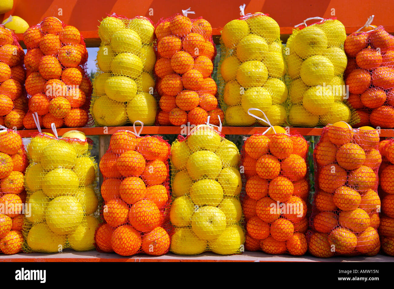 Sacchetti di arance e di limoni in un mercato in stallo nei pressi di Oliva Nova, Valencia, Spagna, Europa Foto Stock