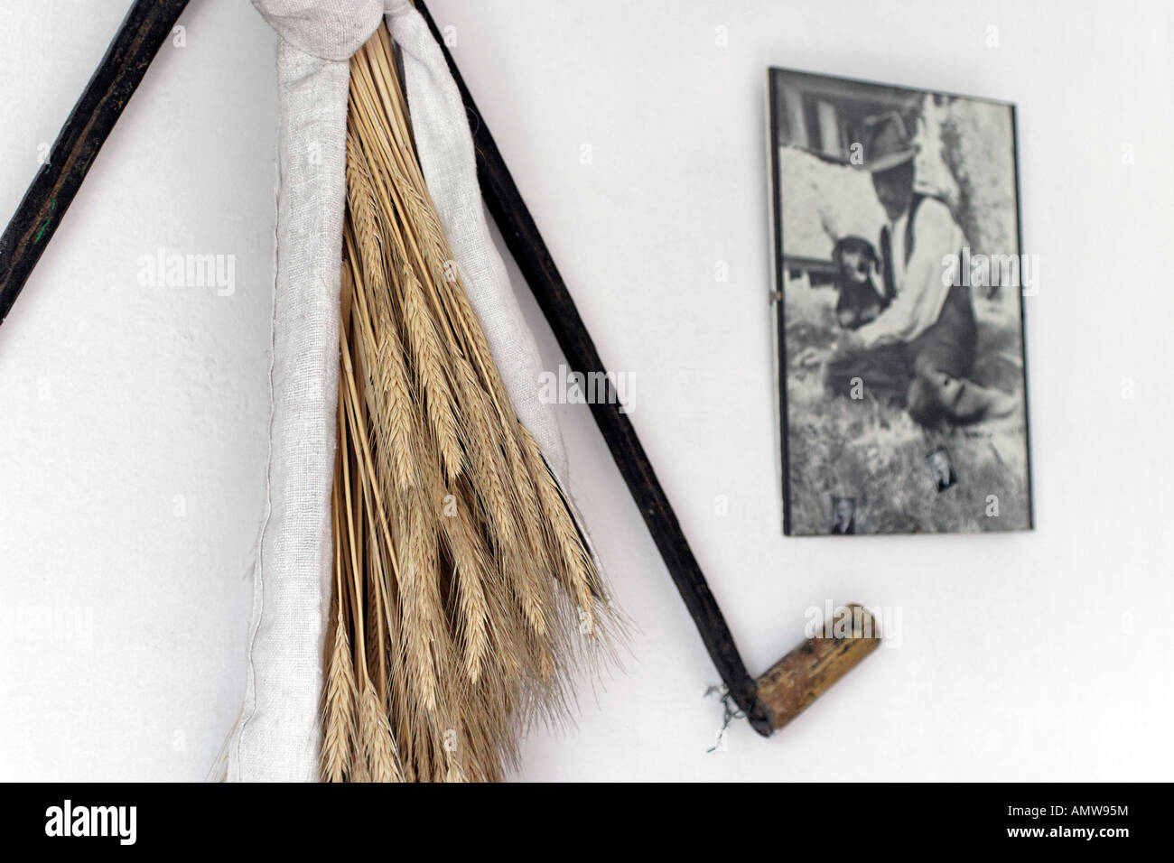 Attrezzi Agricoli accanto alla foto del vecchio contadino con decorazione di fieno Foto Stock