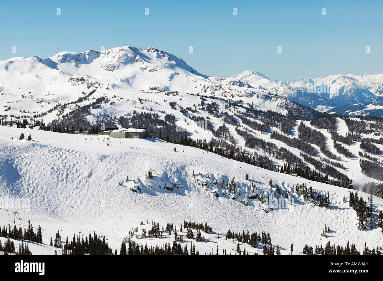 Aerial del Monte Blackcomb di primo piano e di Whistler Mountain in background della Columbia britannica in Canada Foto Stock