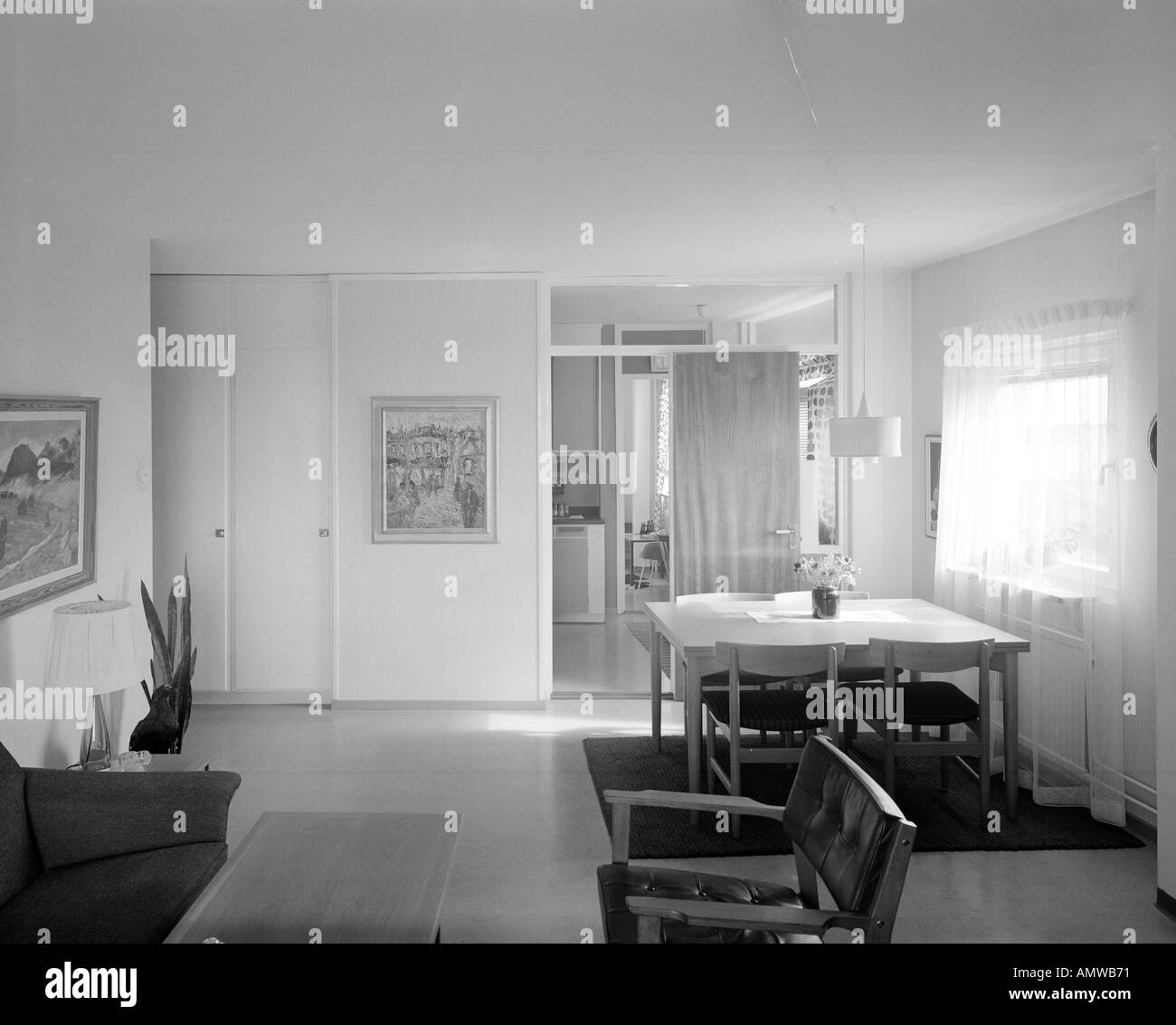 Alloggiamento in corrispondenza Svappavaara, Kiruna, 1961. Soggiorno e sala da pranzo. Architetto: Ralph Erskine Foto Stock
