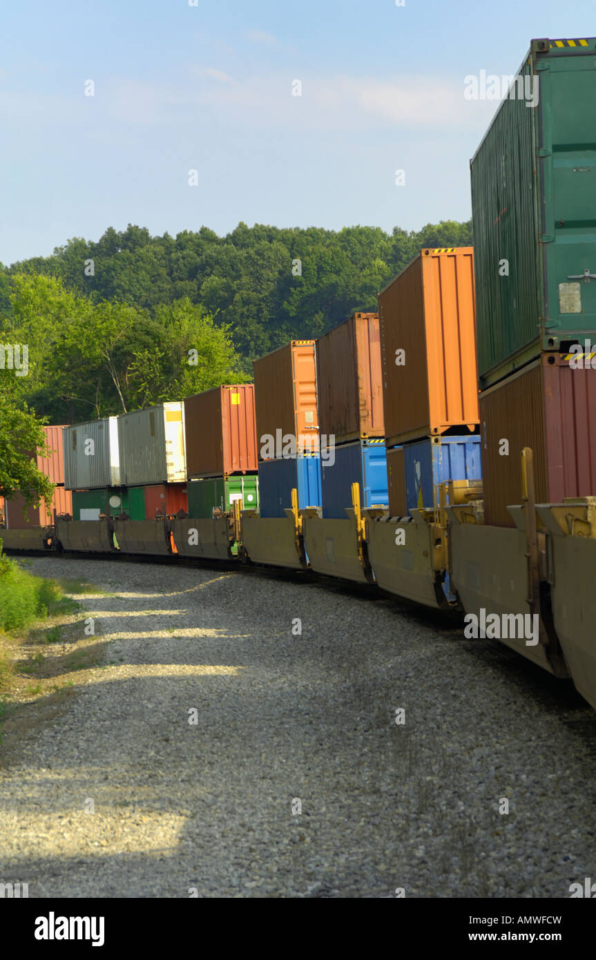 Treno merci trasporto merci di consumatore ai mercati Foto Stock