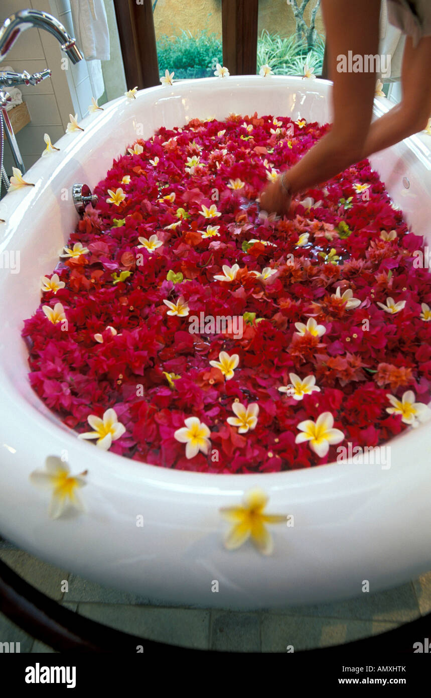 Donna decorazione di bagno con fiori in hotel, Pointe aux Piments, Mauritius Foto Stock