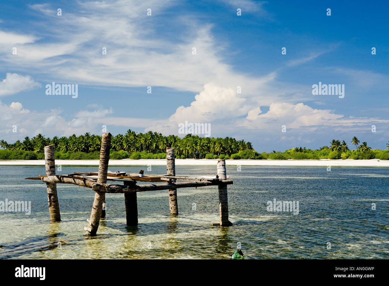 Maldive atollo di Addu Feydhoo west coast vecchio molo di fronte Savahili isola Foto Stock