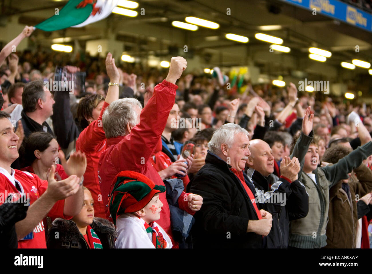 I sostenitori del Galles guardando il gioco durante il Galles Inghilterra corrispondono al Millennium Stadium il 17 marzo 2007 Foto Stock