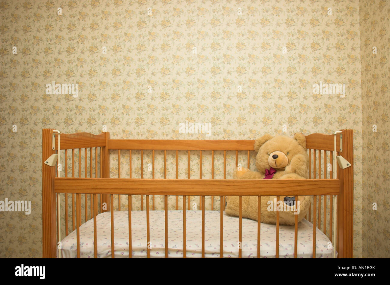 La culla per bambini con un grande orso di peluche al suo interno ... Immagini di culle per bambini