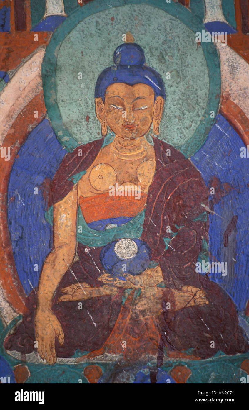Le spalliere dipinto murale raffigurante il Buddha Hemis Gompa Monasteri del Ladakh India del Nord popolazione buddista Foto Stock