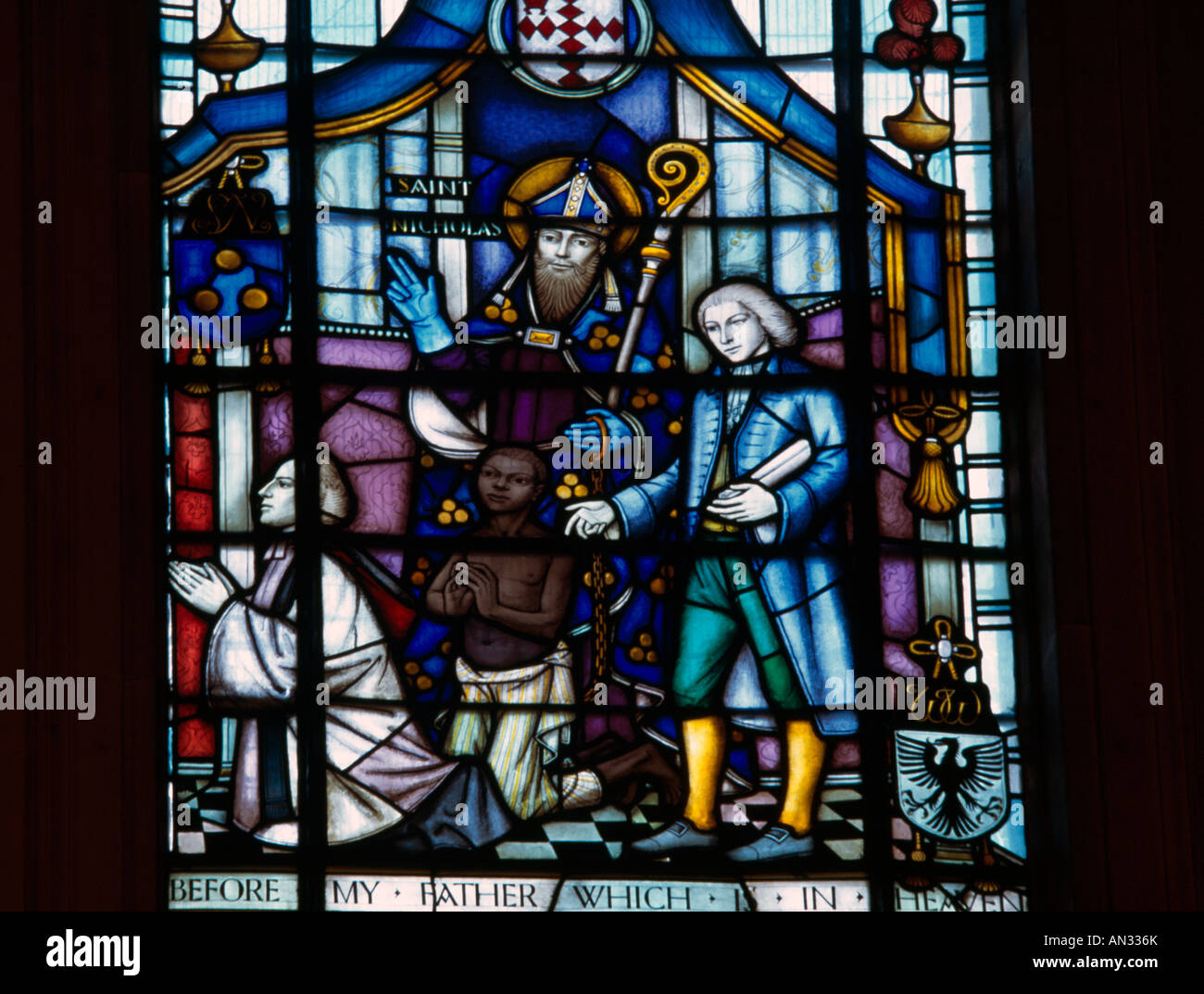 St Nicholas & William Wilberforce Vetrata Trinty Santa Chiesa Clapham Common London Inghilterra England Foto Stock