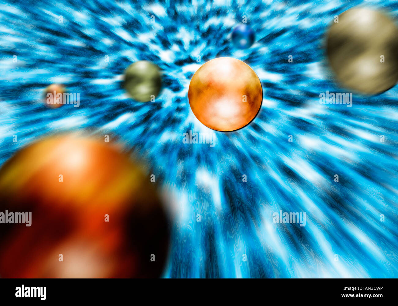 Illustrazione Digitale simulando diverse sfere che si muovono verso un vortice Foto Stock