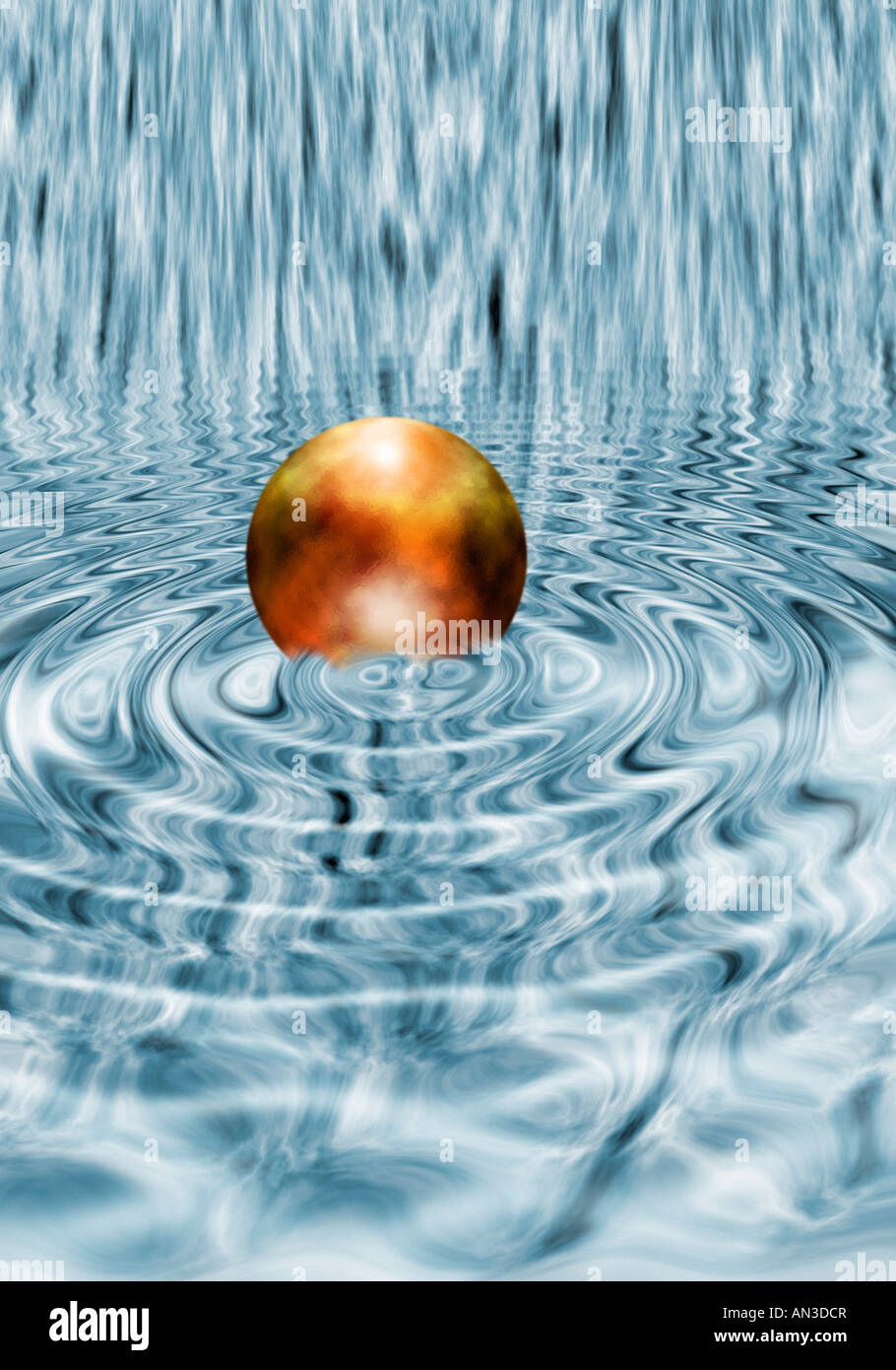 Illustrazione digitale che simula una sfera galleggiante sul liquido ondulato Foto Stock