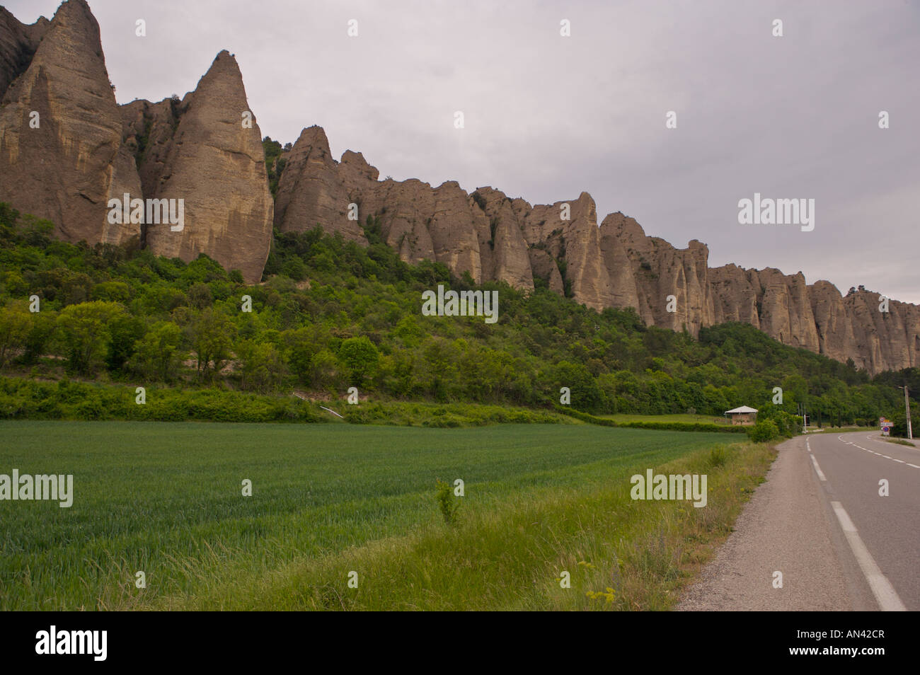 Les penitenti des Mees, righe di rocce colonnare oltre 100 metri e alto oltre 2 km lunga nei pressi del villaggio di Les Mees Foto Stock