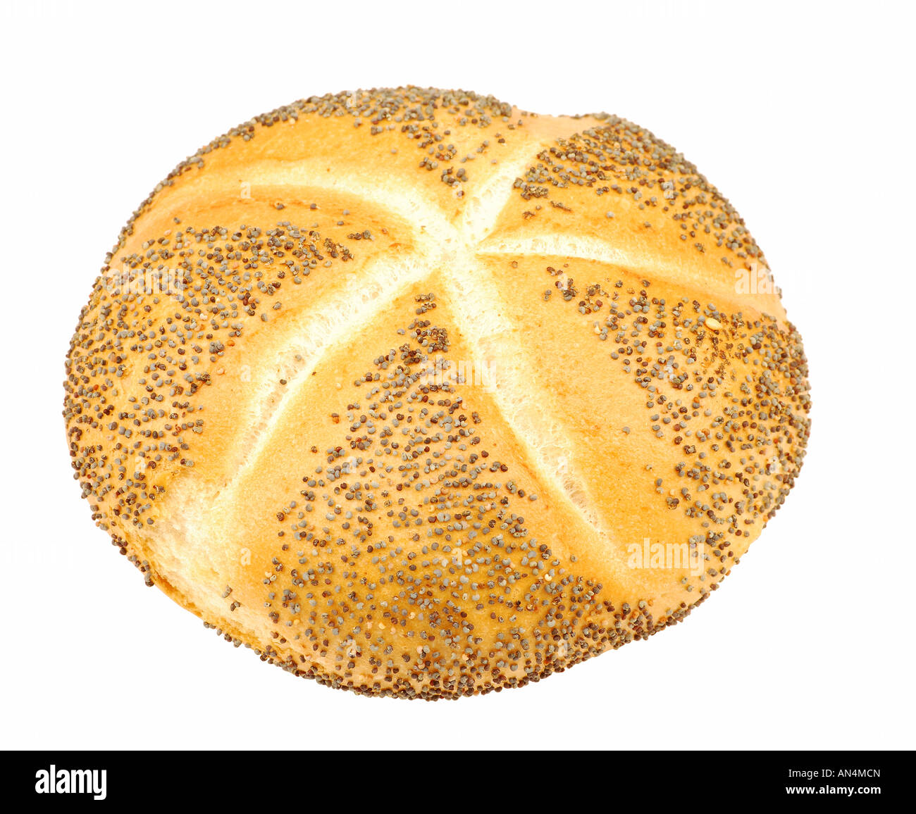 Kaiser panino con semi di papavero isolate su sfondo bianco Foto Stock