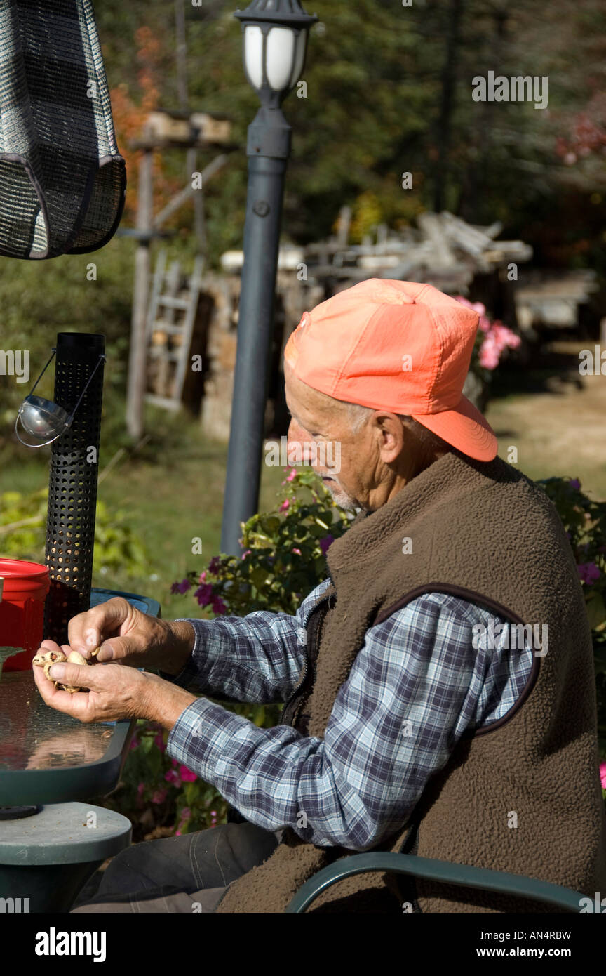 Senior uomo la preparazione di alimenti per uccelli Foto Stock