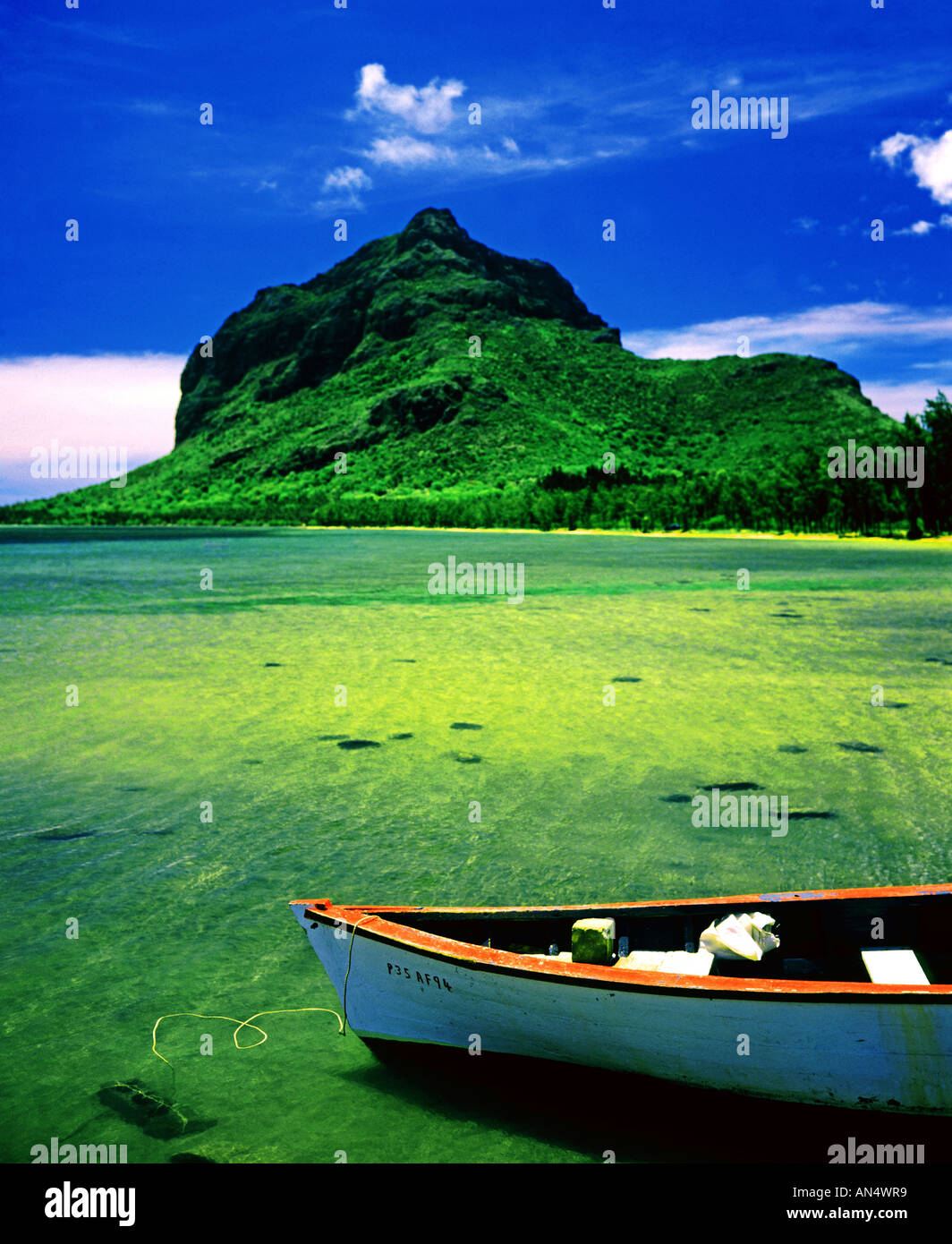Mauritius - Isola del Sud - barca da pesca al di ancoraggio con montagna distante Foto Stock