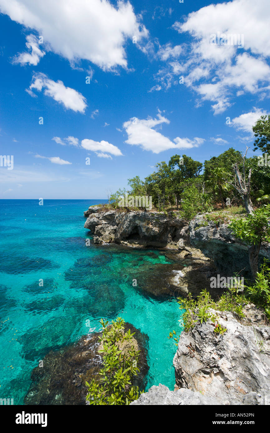 Tipiche scogliere a West End, Negril, in Giamaica, Caraibi, West Indies Foto Stock