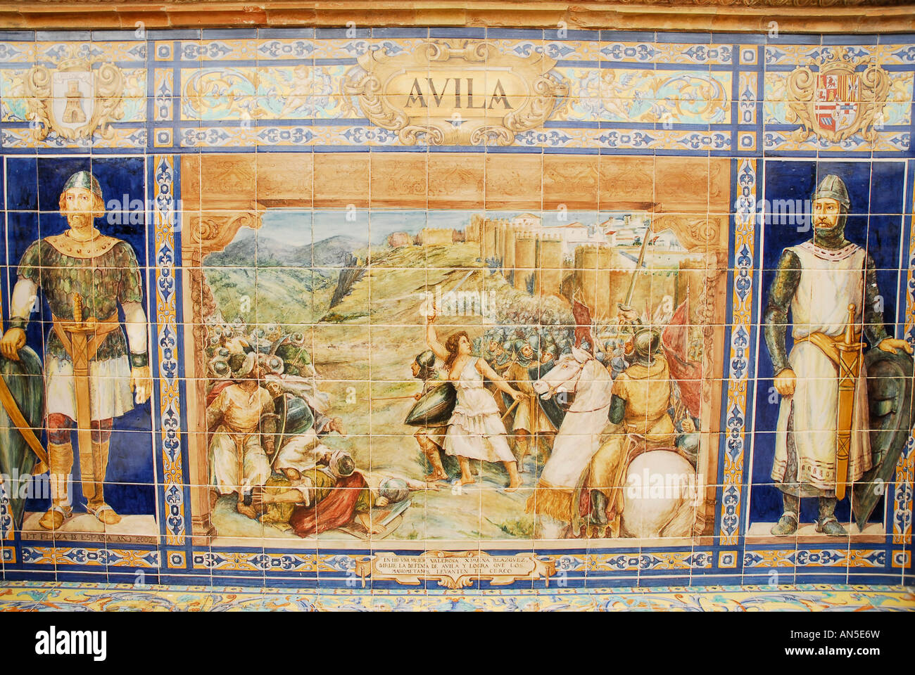 Piastrella vetrinata raffigurante la conquista di Avila in Piazza di Spagna o la Plaza de España Seville Seville provincia regione Andalusia Spagna Foto Stock