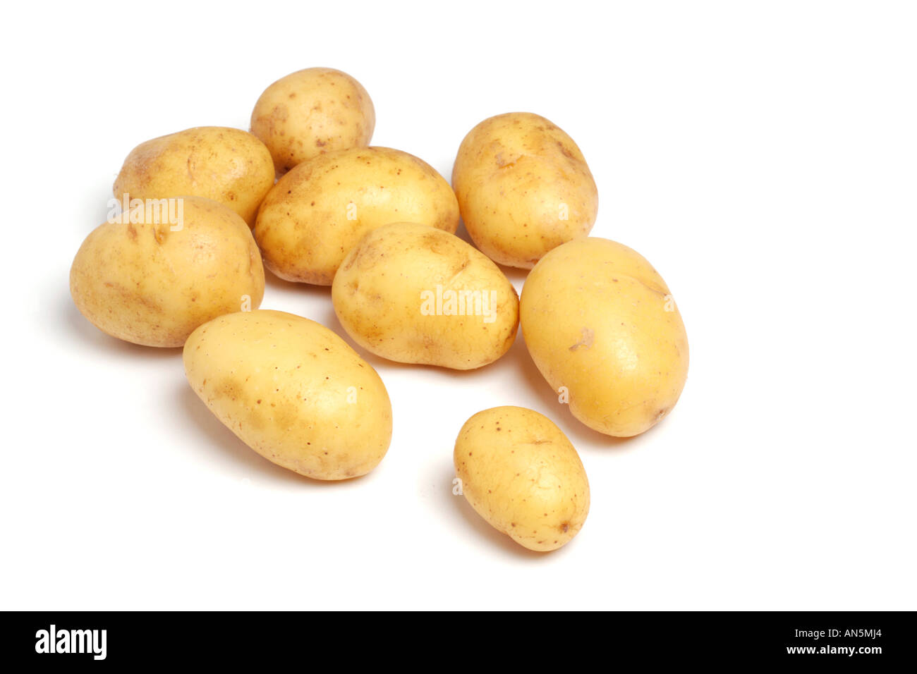 Patate di primizia su sfondo bianco Foto Stock