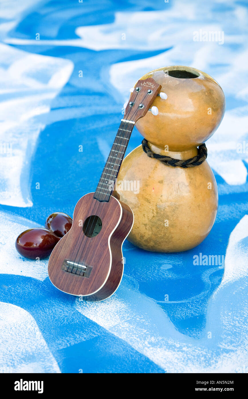 Ipu Heke ukulele Hawaiian strumenti musicali su delfino blu dipinto. India  Foto stock - Alamy