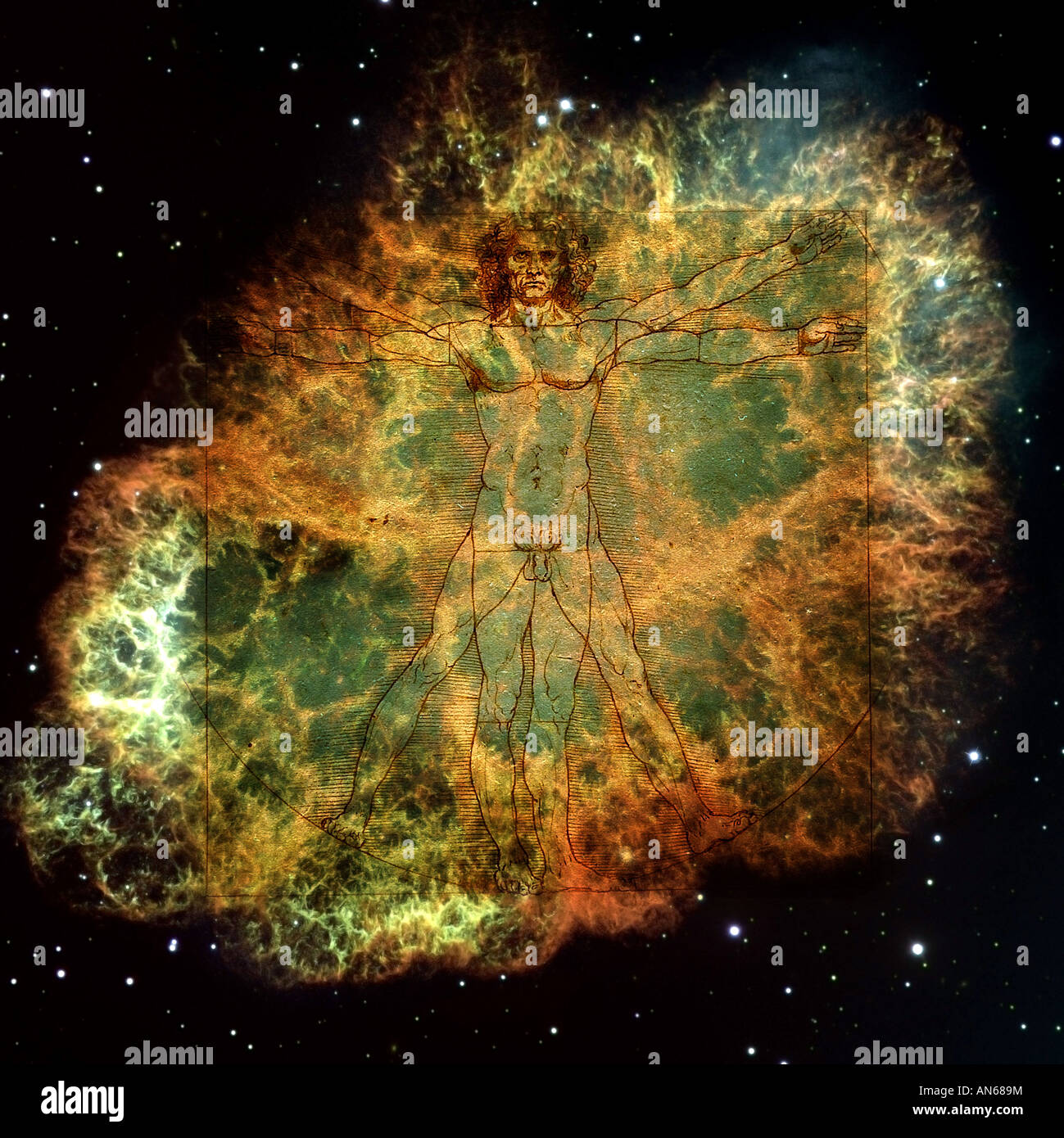 L'uomo vitruviano e Nebulosa del Granchio Foto Stock