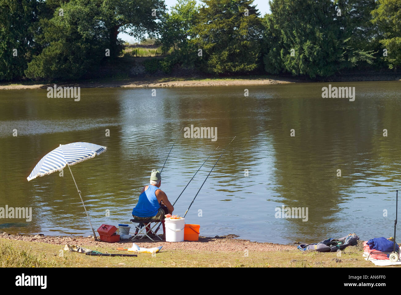 L'uomo angling in Vivian's lake, Comper, Paimpont forest, Bretagna, Francia, Europa Foto Stock