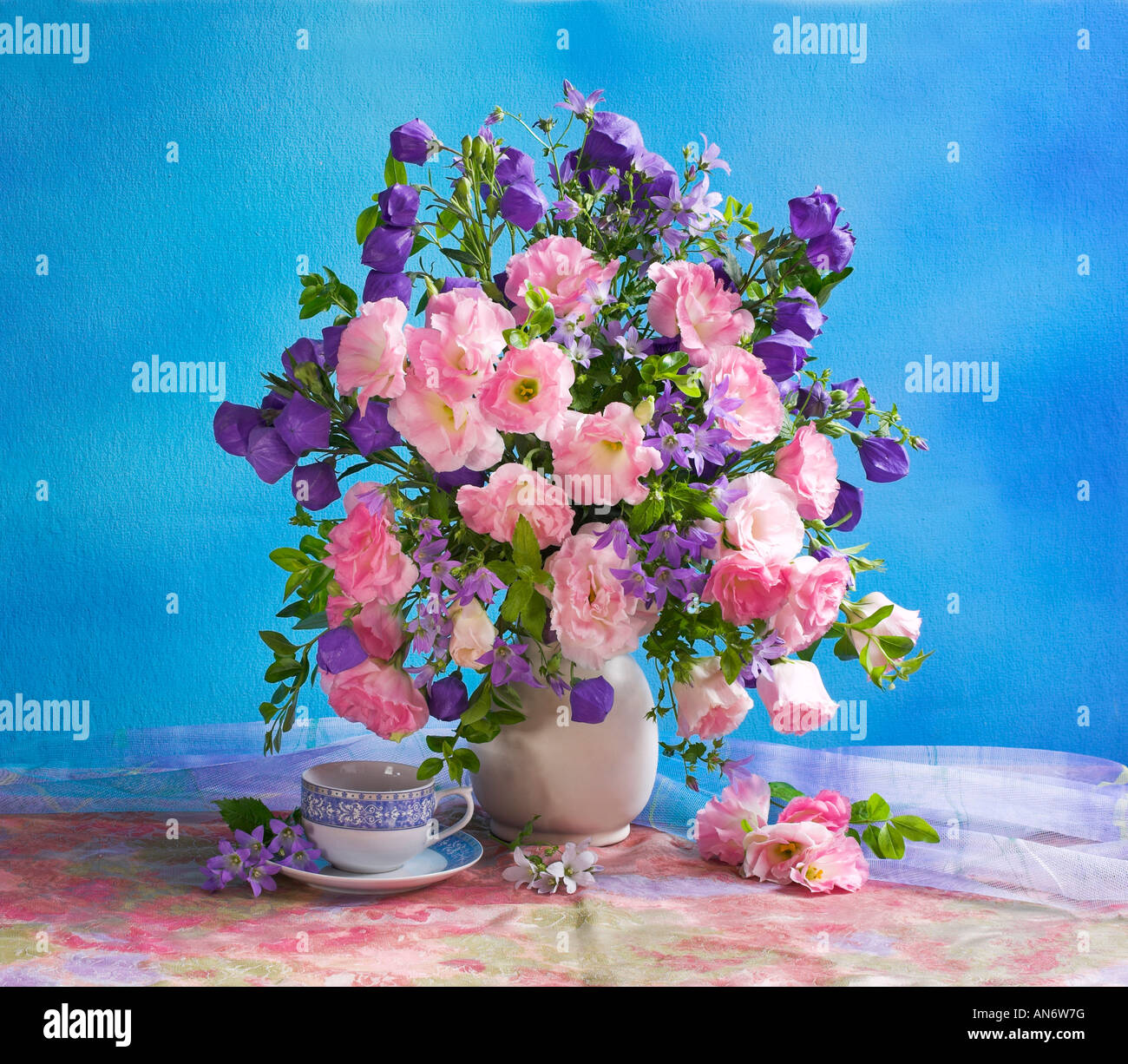 Studio disposti colorati mazzo bouquet di anemoni rosa in un vaso su un pastello sfondo blu Foto Stock