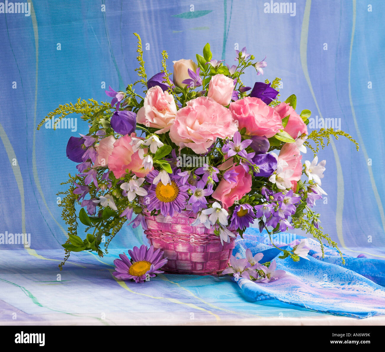 Studio disposti bouquet di anemoni rosa fiori nel cesto su un pastello sfondo blu Foto Stock