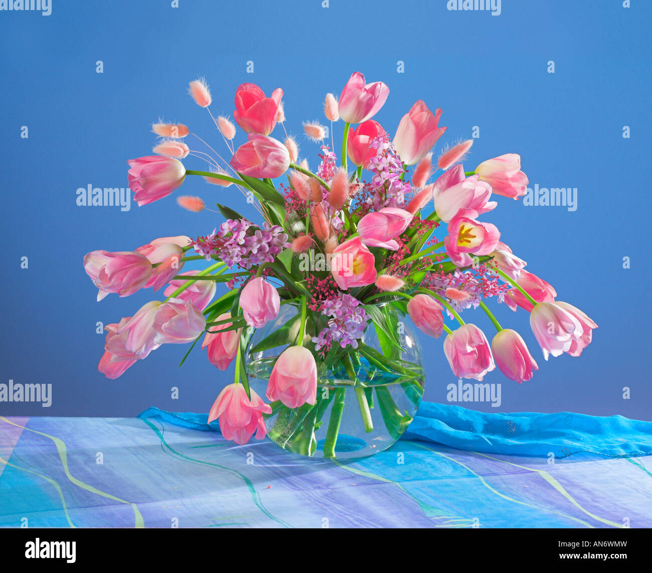 Studio disposti bouquet di tulipani rosa fiori in un vaso su un pastello blu sullo sfondo Foto Stock